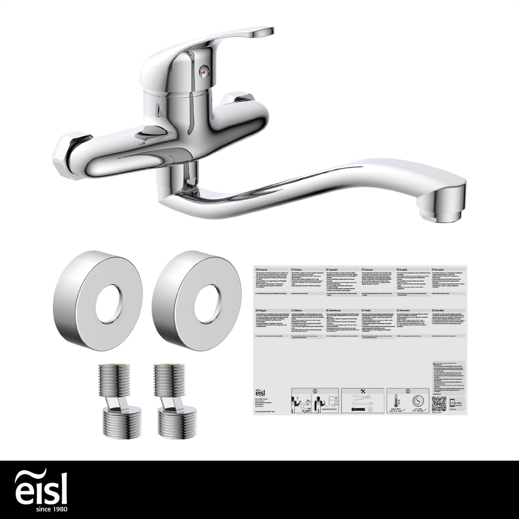 EISL NI161EUCR EUROPA Wandwasserhahn Chrom, Wand-Spültischarmatur 360°, ideal für Doppelspülbecken, Wasserhahn Wandmontage, Wandarmatur für Küche/Ausgussbecken, Mischbatterie für Wandmontage