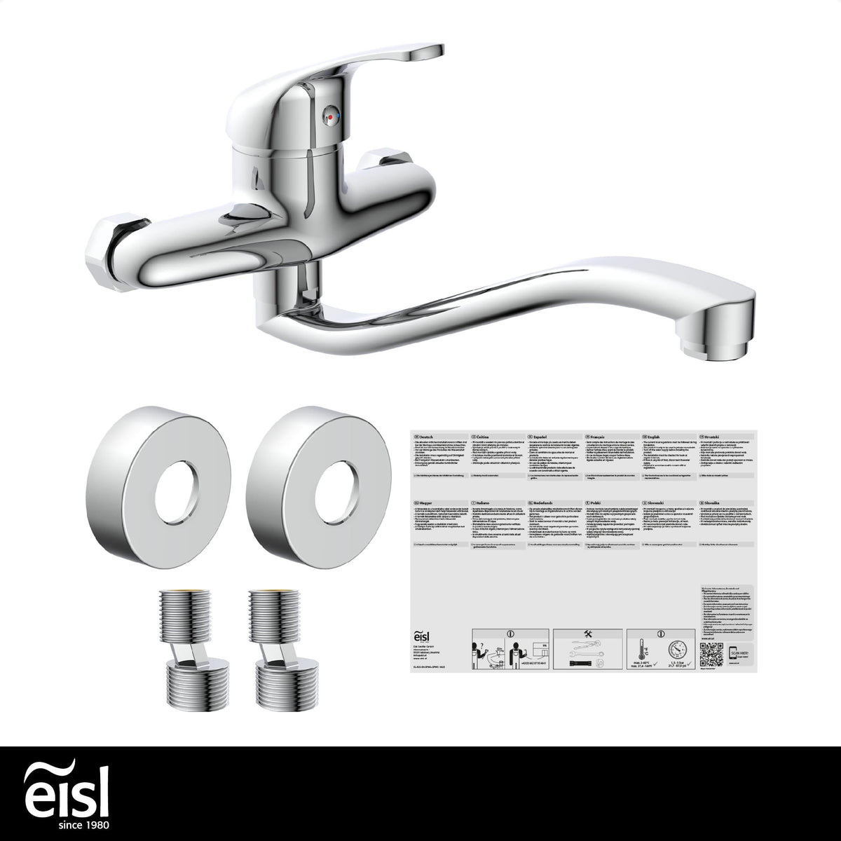 EISL NI161EUCR EUROPA Wandwasserhahn Chrom, Wand-Spültischarmatur 360°, ideal für Doppelspülbecken, Wasserhahn Wandmontage, Wandarmatur für Küche/Ausgussbecken, Mischbatterie für Wandmontage