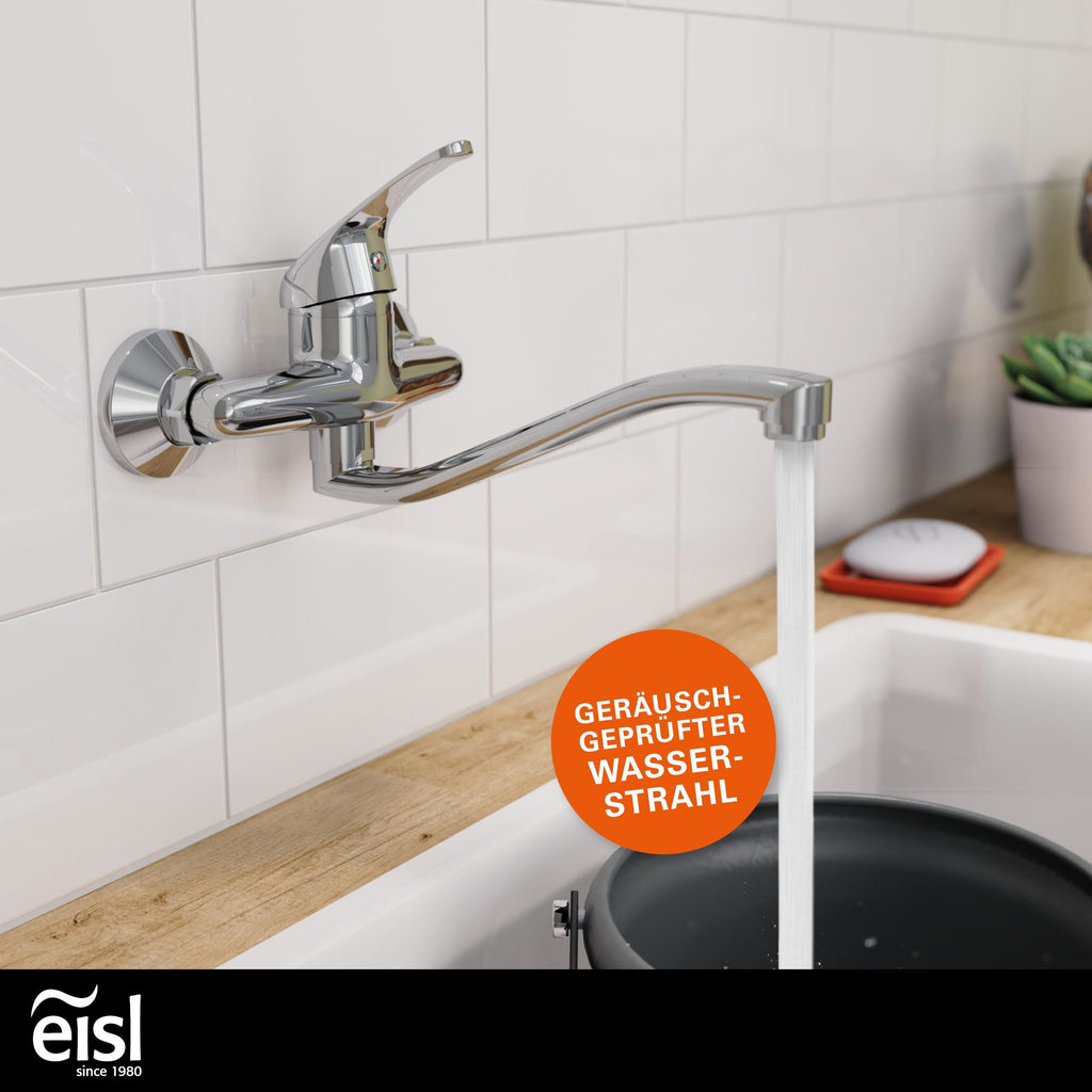 EISL NI161EUCR EUROPA Wandwasserhahn Chrom, Wand-Spültischarmatur 360°, ideal für Doppelspülbecken, Wasserhahn Wandmontage, Wandarmatur für Küche/Ausgussbecken, Mischbatterie für Wandmontage