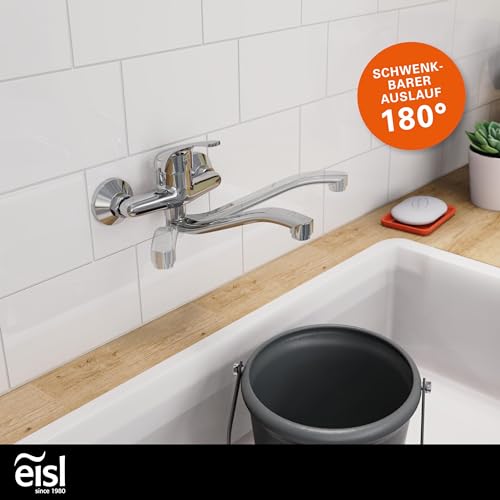 EISL NI161EUCR EUROPA Wandwasserhahn Chrom, Wand-Spültischarmatur 360°, ideal für Doppelspülbecken, Wasserhahn Wandmontage, Wandarmatur für Küche/Ausgussbecken, Mischbatterie für Wandmontage