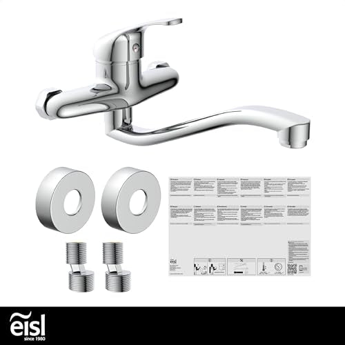 EISL NI161EUCR EUROPA Wandwasserhahn Chrom, Wand-Spültischarmatur 360°, ideal für Doppelspülbecken, Wasserhahn Wandmontage, Wandarmatur für Küche/Ausgussbecken, Mischbatterie für Wandmontage