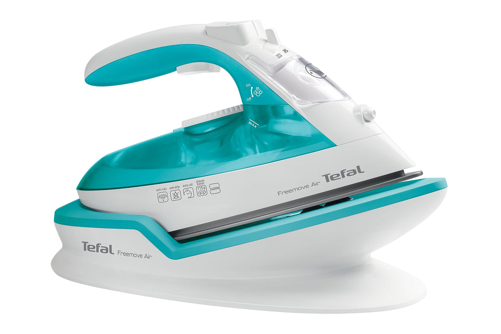 Tefal Freemove Air kabelloses Dampfbügeleisen, 2400 W, 25g/Min-Dauerdampf, 115g/Min-Dampfstoß, Bügeleisen kabellos, einfaches Aufladen, Tropfstopp, automatisches Abschalten, türkis/weiß, FV6520