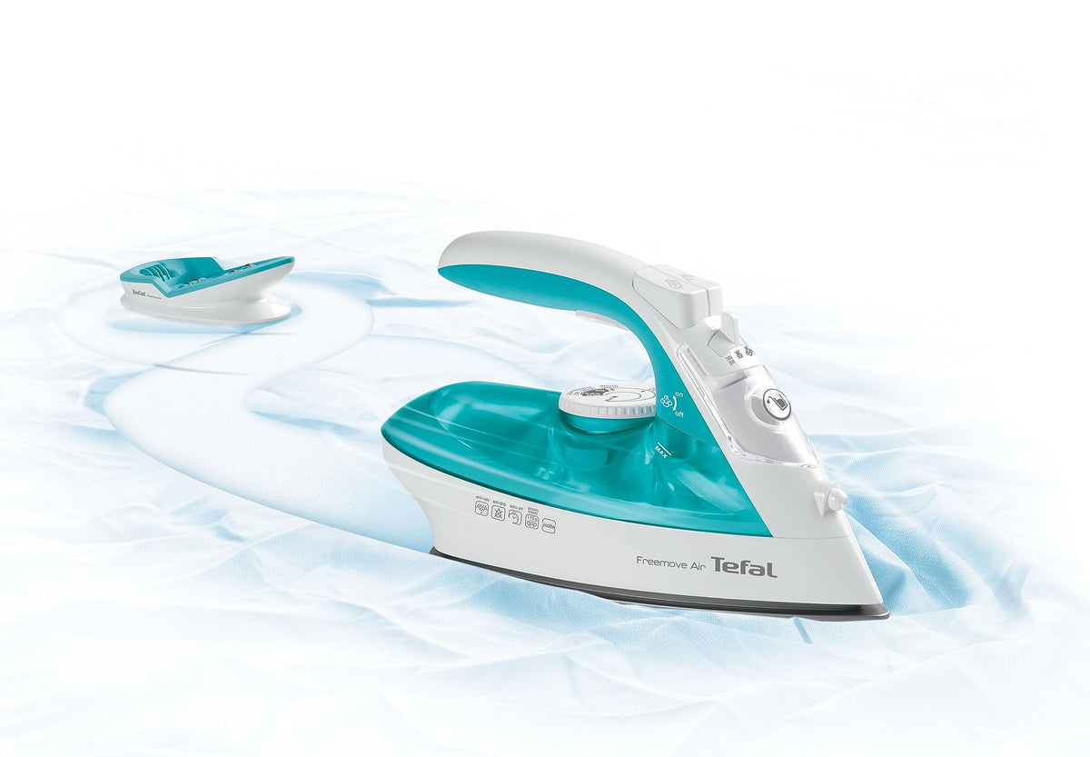 Tefal Freemove Air kabelloses Dampfbügeleisen, 2400 W, 25g/Min-Dauerdampf, 115g/Min-Dampfstoß, Bügeleisen kabellos, einfaches Aufladen, Tropfstopp, automatisches Abschalten, türkis/weiß, FV6520