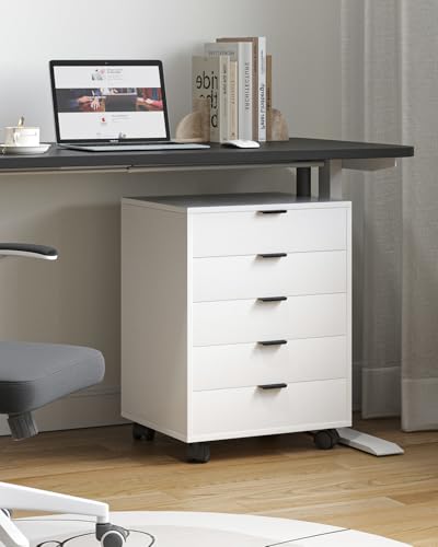 ELUCHANG Schubladenschrank, Rollcontainer, Mobiler Aktenschrank mit 5 Schubladen, Unter Schreibtisch SchrankBüro, Schubladenkommode für Zuhause Büro, Homeoffice, Weiß