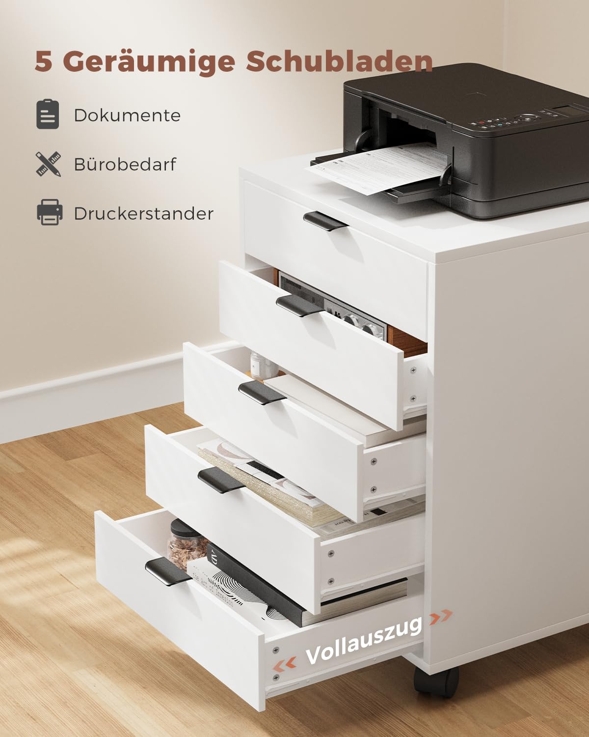 ELUCHANG Schubladenschrank, Rollcontainer, Mobiler Aktenschrank mit 5 Schubladen, Unter Schreibtisch SchrankBüro, Schubladenkommode für Zuhause Büro, Homeoffice, Weiß