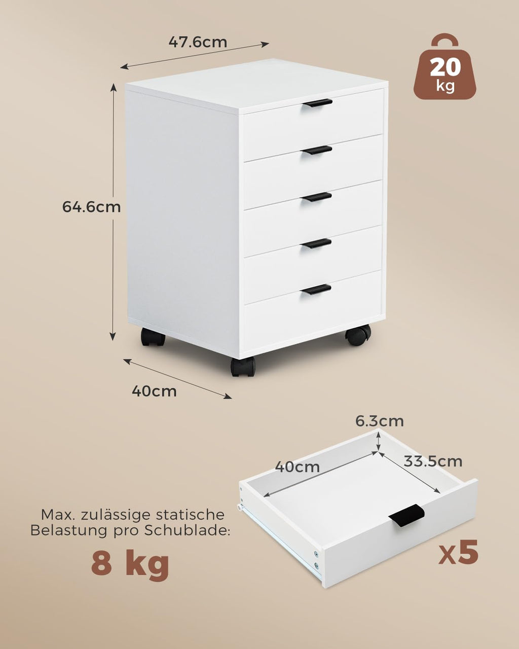 ELUCHANG Schubladenschrank, Rollcontainer, Mobiler Aktenschrank mit 5 Schubladen, Unter Schreibtisch SchrankBüro, Schubladenkommode für Zuhause Büro, Homeoffice, Weiß