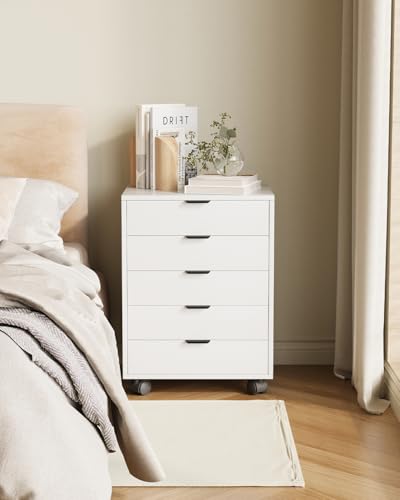 ELUCHANG Schubladenschrank, Rollcontainer, Mobiler Aktenschrank mit 5 Schubladen, Unter Schreibtisch SchrankBüro, Schubladenkommode für Zuhause Büro, Homeoffice, Weiß