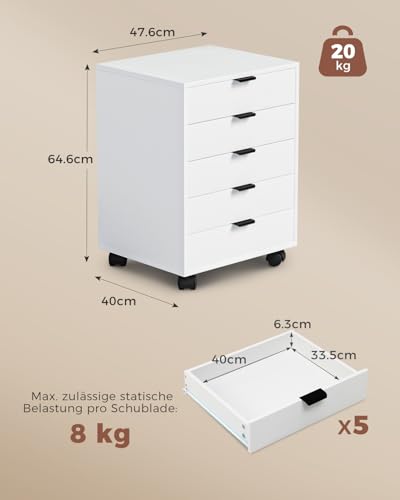 ELUCHANG Schubladenschrank, Rollcontainer, Mobiler Aktenschrank mit 5 Schubladen, Unter Schreibtisch SchrankBüro, Schubladenkommode für Zuhause Büro, Homeoffice, Weiß
