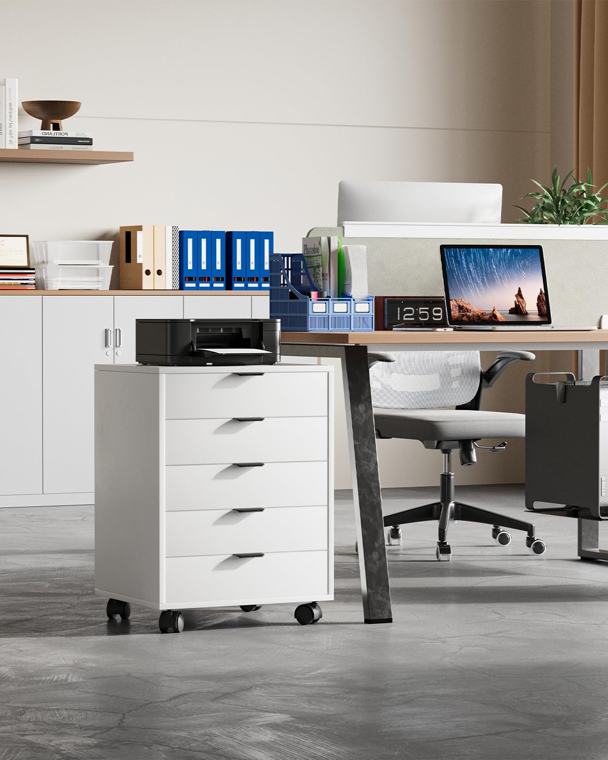 ELUCHANG Schubladenschrank, Rollcontainer, Mobiler Aktenschrank mit 5 Schubladen, Unter Schreibtisch SchrankBüro, Schubladenkommode für Zuhause Büro, Homeoffice, Weiß