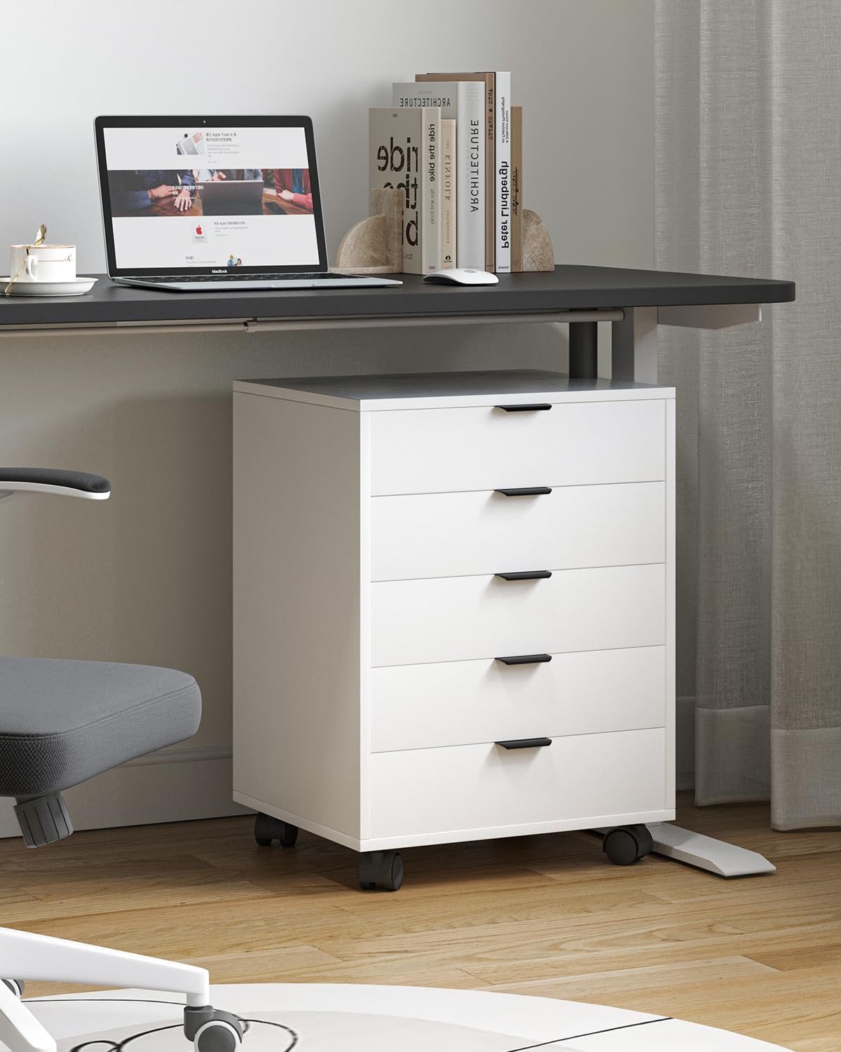 ELUCHANG Schubladenschrank, Rollcontainer, Mobiler Aktenschrank mit 5 Schubladen, Unter Schreibtisch SchrankBüro, Schubladenkommode für Zuhause Büro, Homeoffice, Weiß