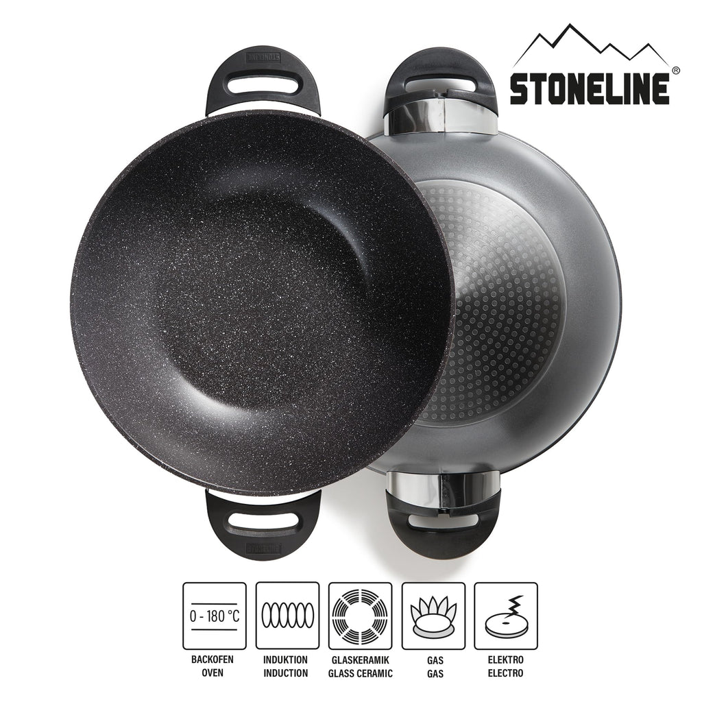 STONELINE Wok 32 cm, mit Deckel, Aluguss, Wok Pfanne beschichtet mit echten Steinpartikeln, grau, ohne Fett oder Öl kochen und braten, großer Wok Induktion