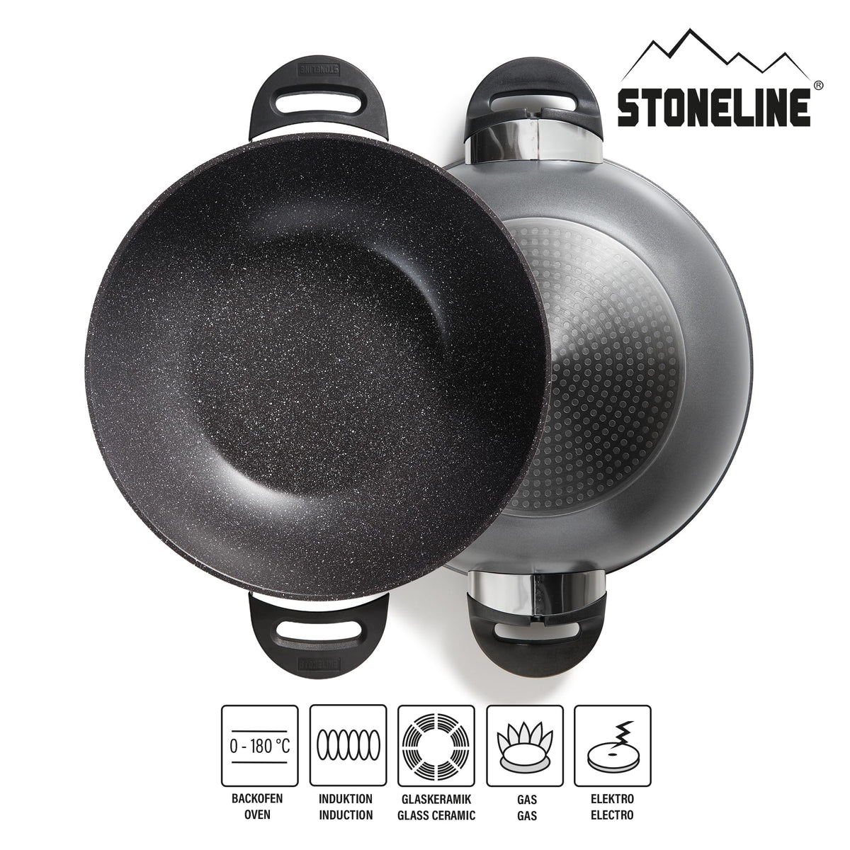 STONELINE Wok 32 cm, mit Deckel, Aluguss, Wok Pfanne beschichtet mit echten Steinpartikeln, grau, ohne Fett oder Öl kochen und braten, großer Wok Induktion