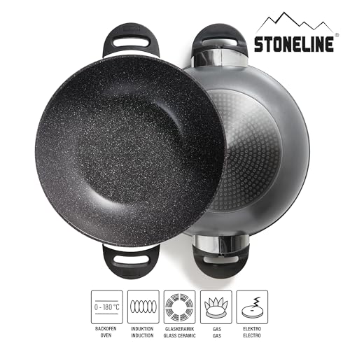 STONELINE Wok 32 cm, mit Deckel, Aluguss, Wok Pfanne beschichtet mit echten Steinpartikeln, grau, ohne Fett oder Öl kochen und braten, großer Wok Induktion
