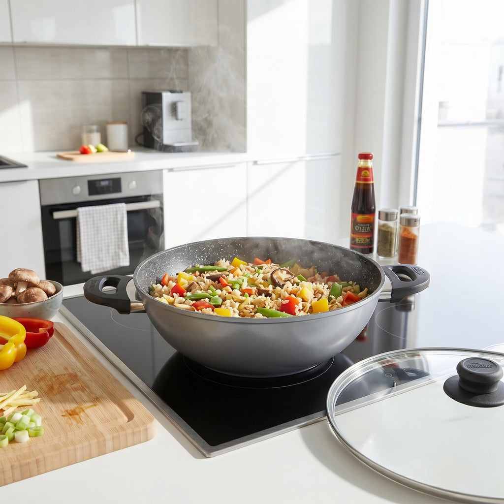 STONELINE Wok 32 cm, mit Deckel, Aluguss, Wok Pfanne beschichtet mit echten Steinpartikeln, grau, ohne Fett oder Öl kochen und braten, großer Wok Induktion
