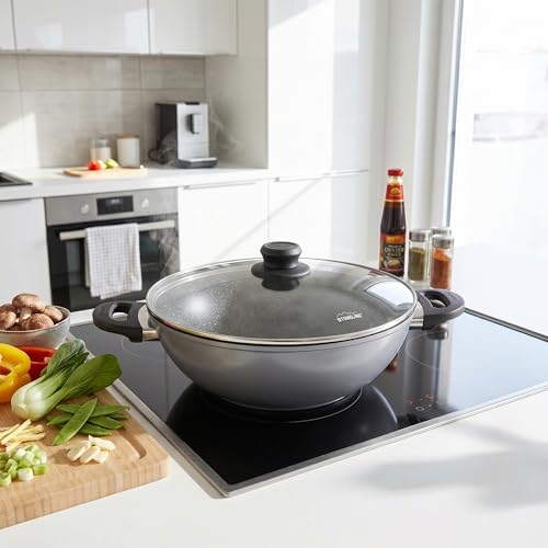 STONELINE Wok 32 cm, mit Deckel, Aluguss, Wok Pfanne beschichtet mit echten Steinpartikeln, grau, ohne Fett oder Öl kochen und braten, großer Wok Induktion
