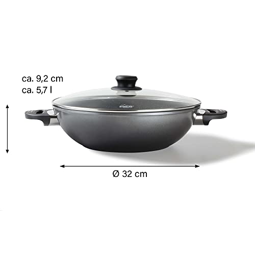 STONELINE Wok 32 cm, mit Deckel, Aluguss, Wok Pfanne beschichtet mit echten Steinpartikeln, grau, ohne Fett oder Öl kochen und braten, großer Wok Induktion