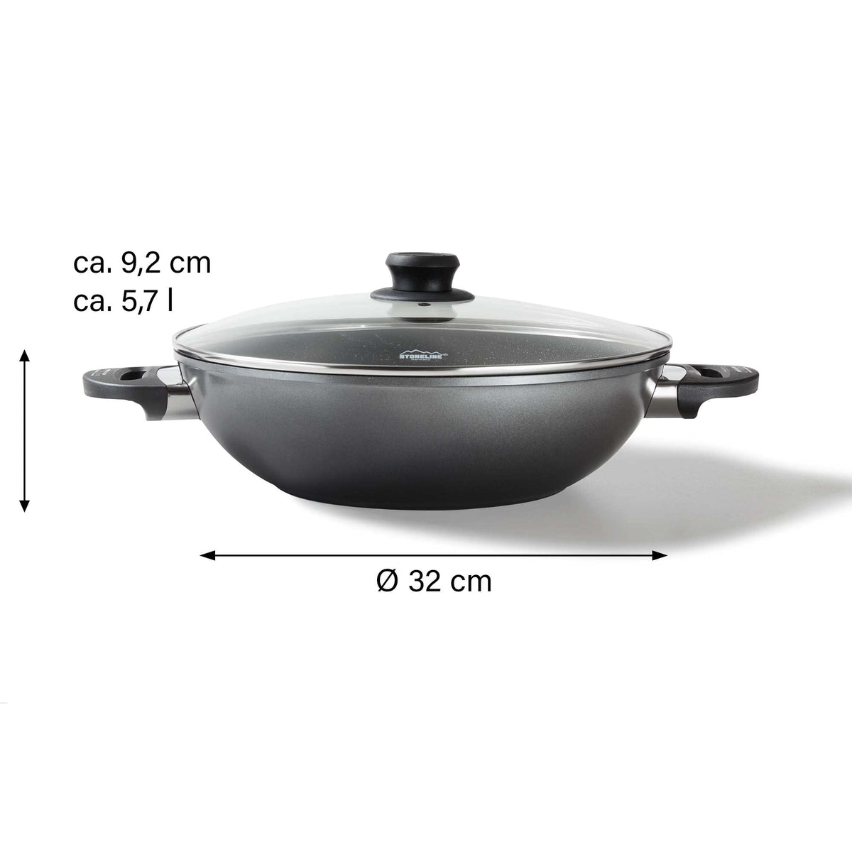 STONELINE Wok 32 cm, mit Deckel, Aluguss, Wok Pfanne beschichtet mit echten Steinpartikeln, grau, ohne Fett oder Öl kochen und braten, großer Wok Induktion