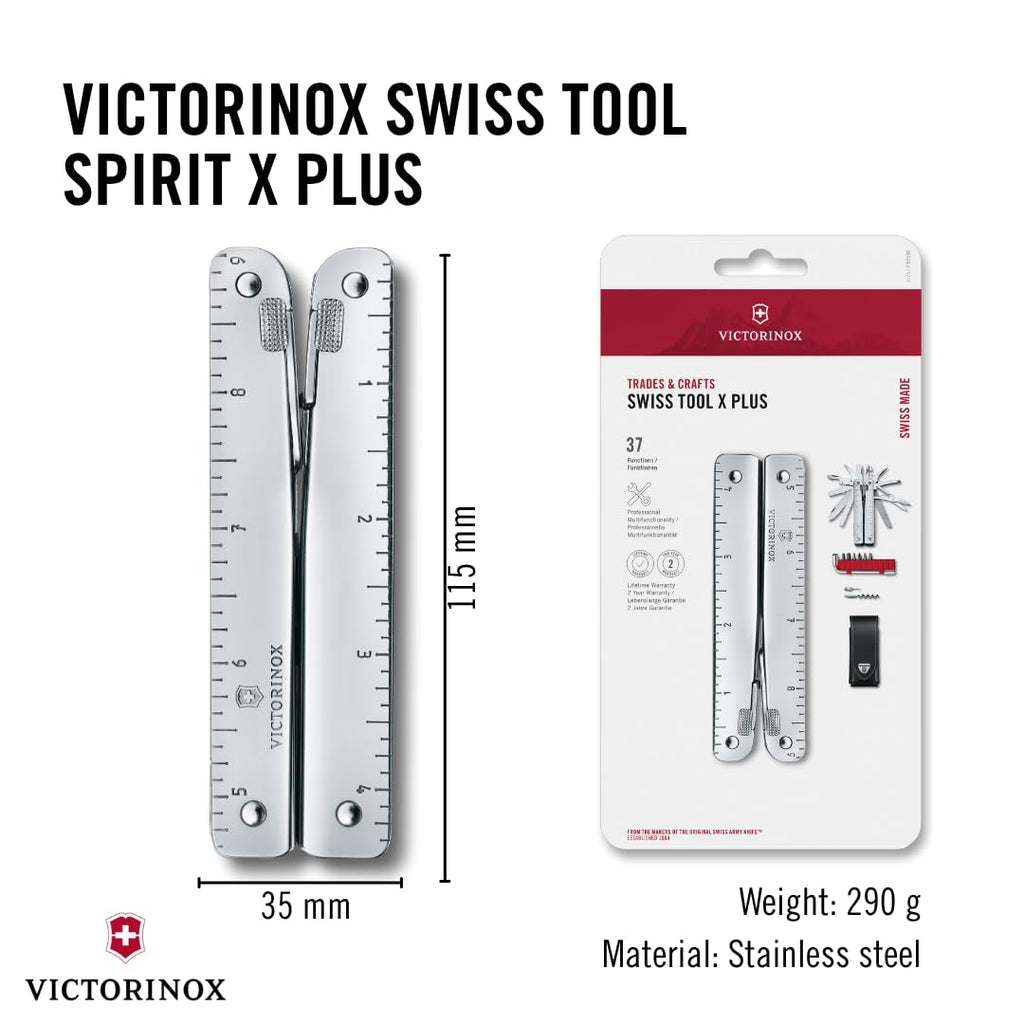 Victorinox Multifunktionstool, Swiss Tool X Plus, Taschen Werkzeug, 38 Funktionen, Kombi-Spitzzange, Feststellklinge, Leder-Etui