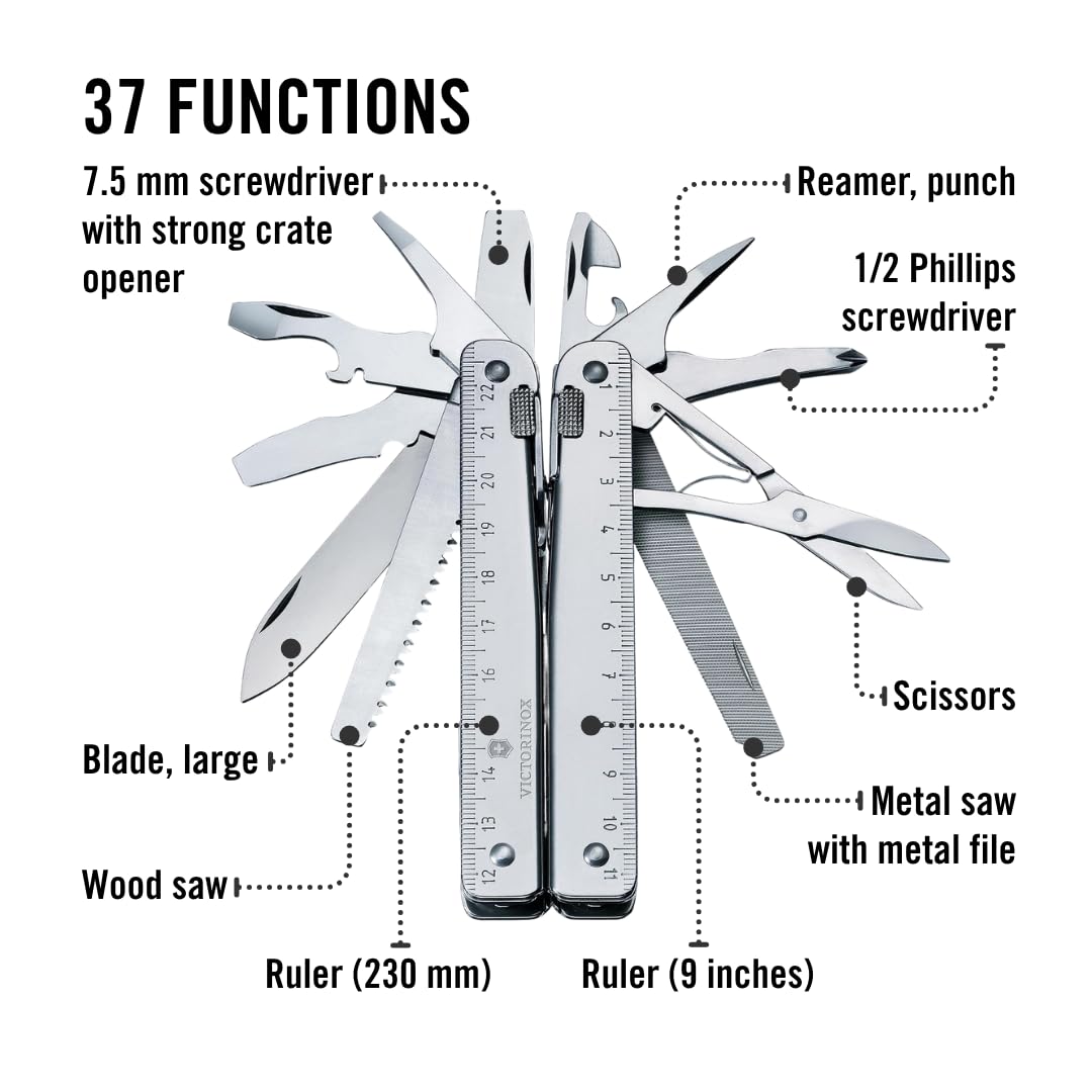 Victorinox Multifunktionstool, Swiss Tool X Plus, Taschen Werkzeug, 38 Funktionen, Kombi-Spitzzange, Feststellklinge, Leder-Etui