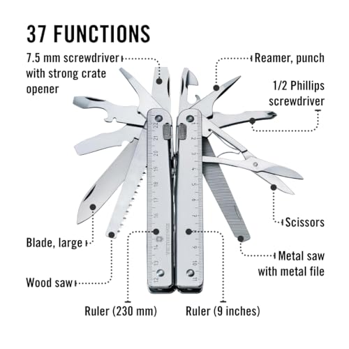 Victorinox Multifunktionstool, Swiss Tool X Plus, Taschen Werkzeug, 38 Funktionen, Kombi-Spitzzange, Feststellklinge, Leder-Etui