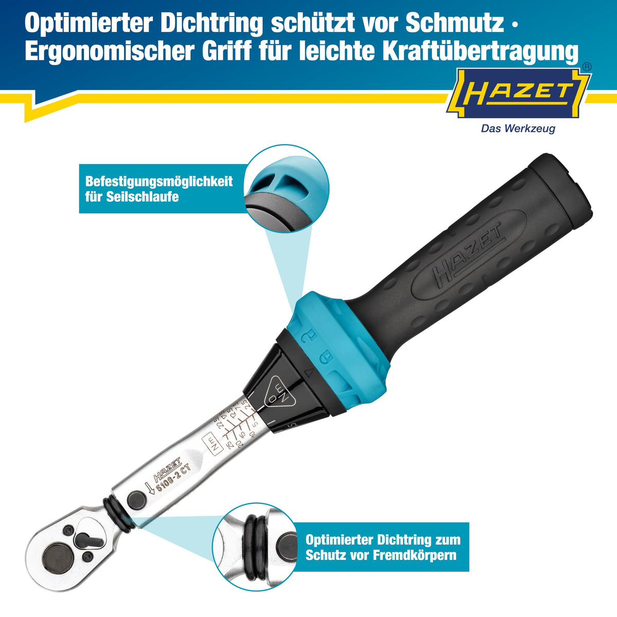 Hazet Drehmomentschlüssel 5108-2CT für Fahrräder I Abtrieb: Vierkant 6,3 mm 1/4 Zoll, Toleranz: 4%, 2,5-25 Nm, feine Skaleneinteilung I Umschaltknarre, für Bikes I Werkzeug für Rennrad, 232 mm