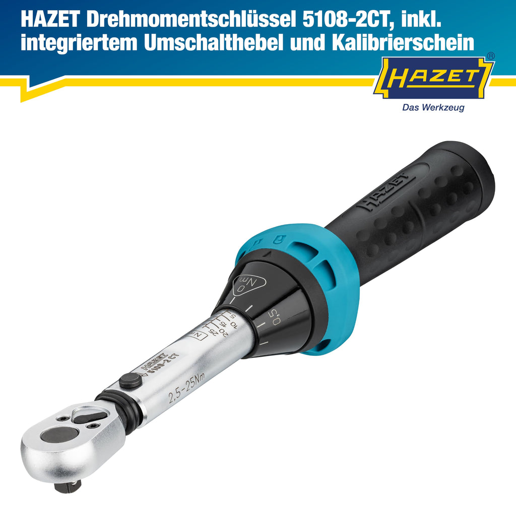 Hazet Drehmomentschlüssel 5108-2CT für Fahrräder I Abtrieb: Vierkant 6,3 mm 1/4 Zoll, Toleranz: 4%, 2,5-25 Nm, feine Skaleneinteilung I Umschaltknarre, für Bikes I Werkzeug für Rennrad, 232 mm