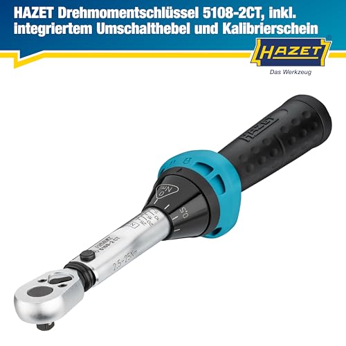 Hazet Drehmomentschlüssel 5108-2CT für Fahrräder I Abtrieb: Vierkant 6,3 mm 1/4 Zoll, Toleranz: 4%, 2,5-25 Nm, feine Skaleneinteilung I Umschaltknarre, für Bikes I Werkzeug für Rennrad, 232 mm