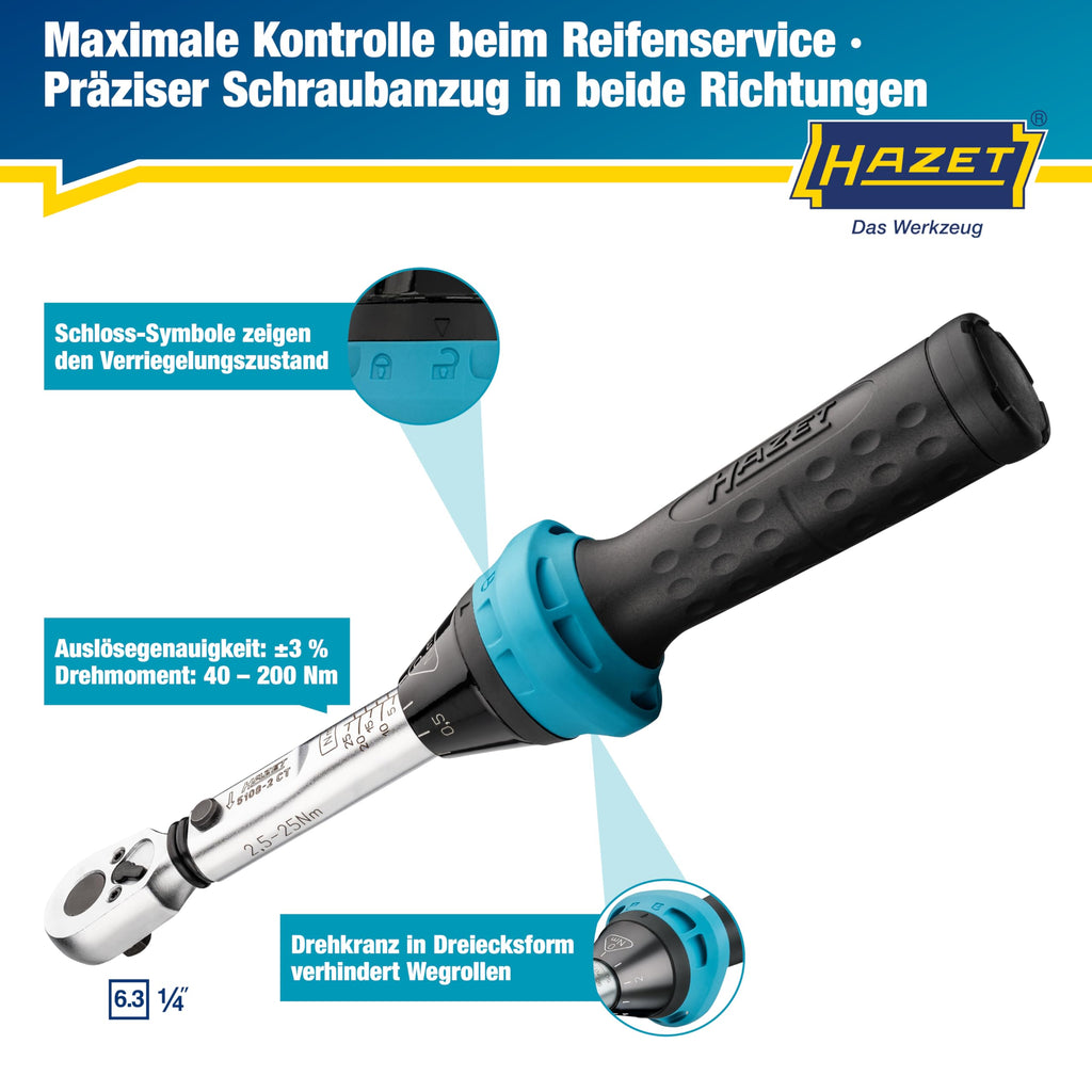 Hazet Drehmomentschlüssel 5108-2CT für Fahrräder I Abtrieb: Vierkant 6,3 mm 1/4 Zoll, Toleranz: 4%, 2,5-25 Nm, feine Skaleneinteilung I Umschaltknarre, für Bikes I Werkzeug für Rennrad, 232 mm
