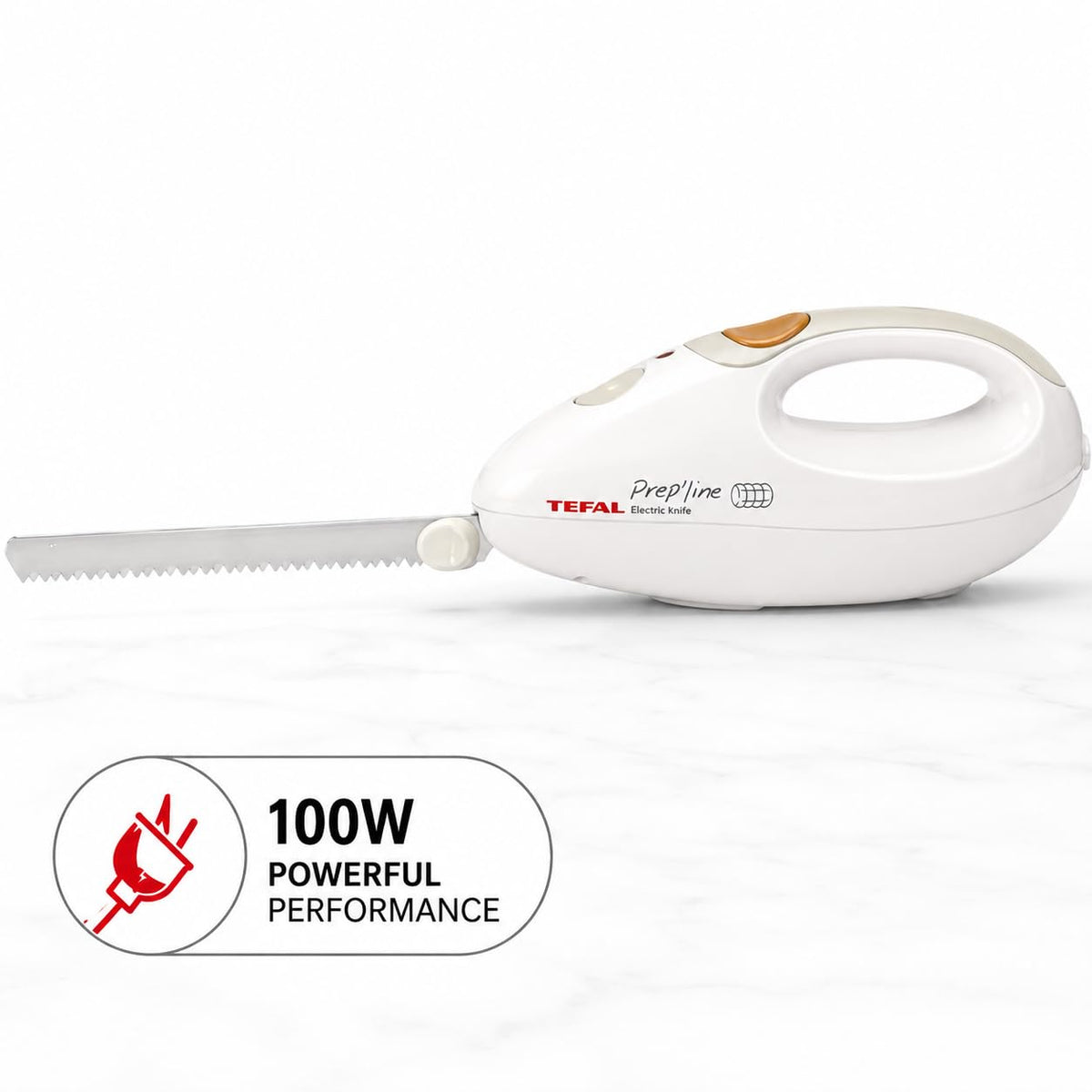 Tefal Elektrisches Messer, 100 Watt, Edelstahlklinge, geeignet für Tiefkühl-Gut, Elektromesser in weiß/greige, 8523.31
