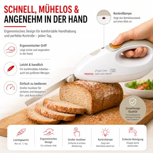 Tefal Elektrisches Messer, 100 Watt, Edelstahlklinge, geeignet für Tiefkühl-Gut, Elektromesser in weiß/greige, 8523.31