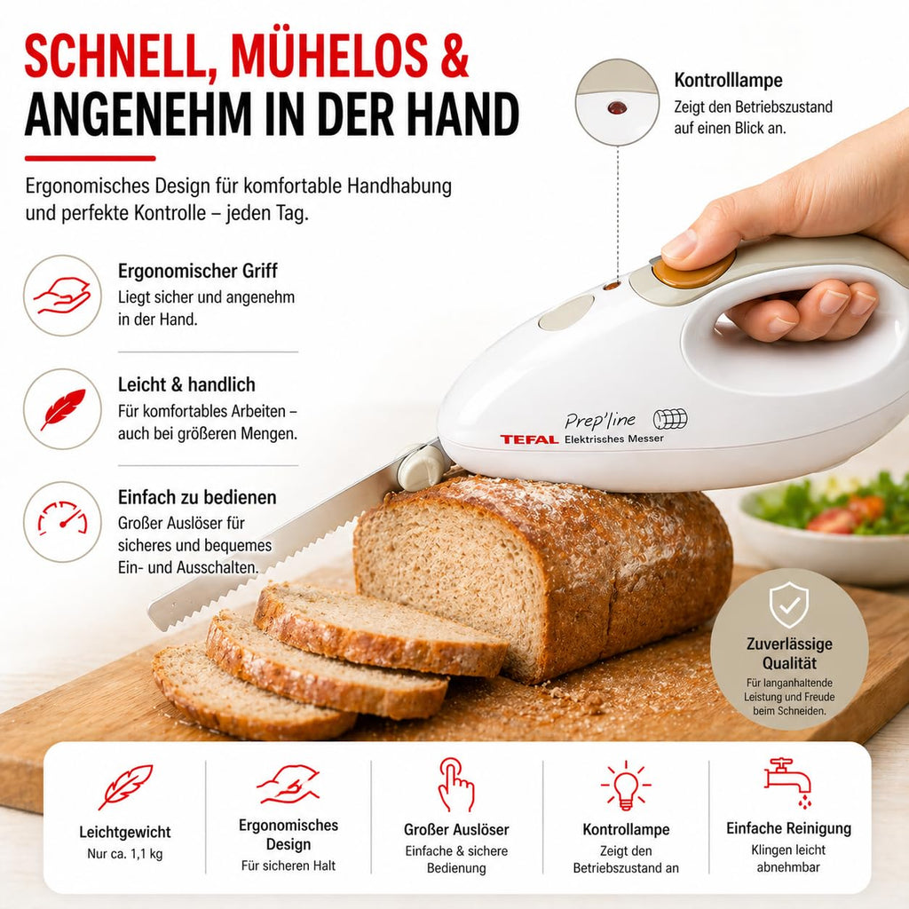 Tefal Elektrisches Messer, 100 Watt, Edelstahlklinge, geeignet für Tiefkühl-Gut, Elektromesser in weiß/greige, 8523.31