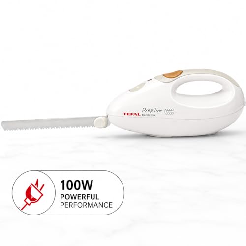 Tefal Elektrisches Messer, 100 Watt, Edelstahlklinge, geeignet für Tiefkühl-Gut, Elektromesser in weiß/greige, 8523.31