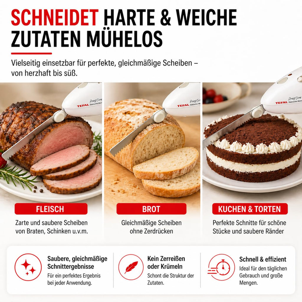 Tefal Elektrisches Messer, 100 Watt, Edelstahlklinge, geeignet für Tiefkühl-Gut, Elektromesser in weiß/greige, 8523.31