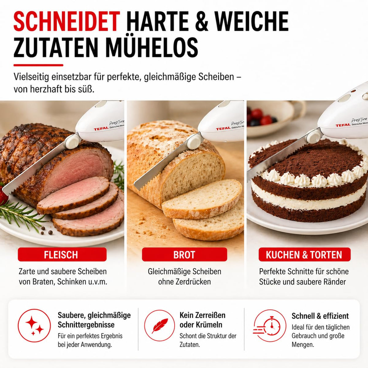 Tefal Elektrisches Messer, 100 Watt, Edelstahlklinge, geeignet für Tiefkühl-Gut, Elektromesser in weiß/greige, 8523.31