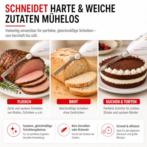 Tefal Elektrisches Messer, 100 Watt, Edelstahlklinge, geeignet für Tiefkühl-Gut, Elektromesser in weiß/greige, 8523.31
