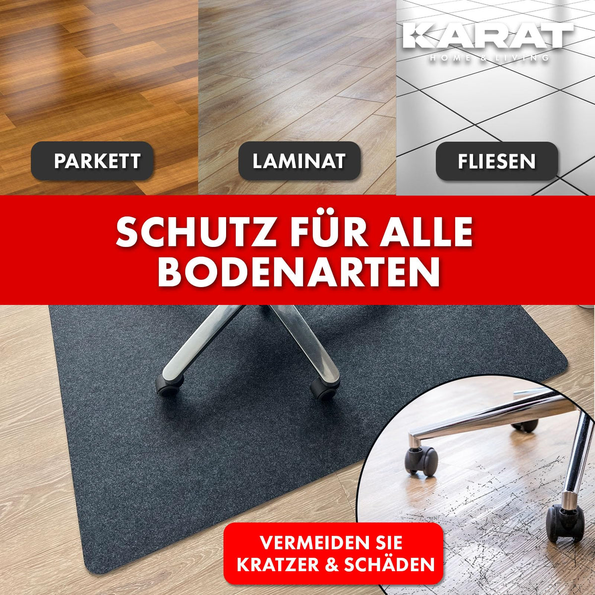 KARAT Bodenschutzmatte 100 x 120 cm, schwarz - Bürostuhl Unterlage aus Polyester, Bodenschutz, Unterlegmatte, Schutzmatte für Laminat, Parkett, Hartböden (Viking)