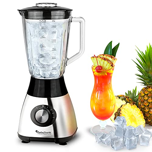 TurboTronic Standmixer mit 1,5L Glasbehälter 1200W Edelstahl silber, Smoothie Maker, Ice Crush Funktion, Blender