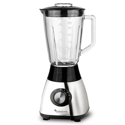 TurboTronic Standmixer mit 1,5L Glasbehälter 1200W Edelstahl silber, Smoothie Maker, Ice Crush Funktion, Blender