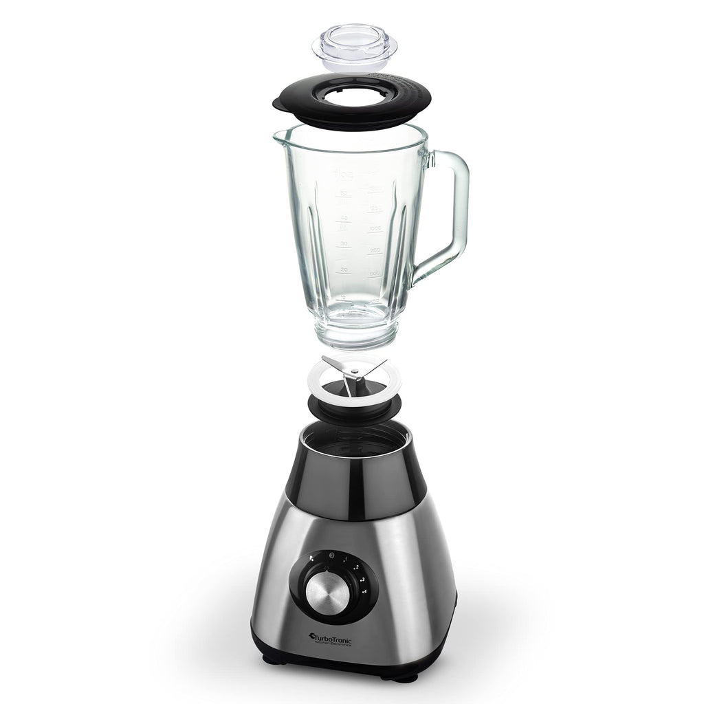 TurboTronic Standmixer mit 1,5L Glasbehälter 1200W Edelstahl silber, Smoothie Maker, Ice Crush Funktion, Blender