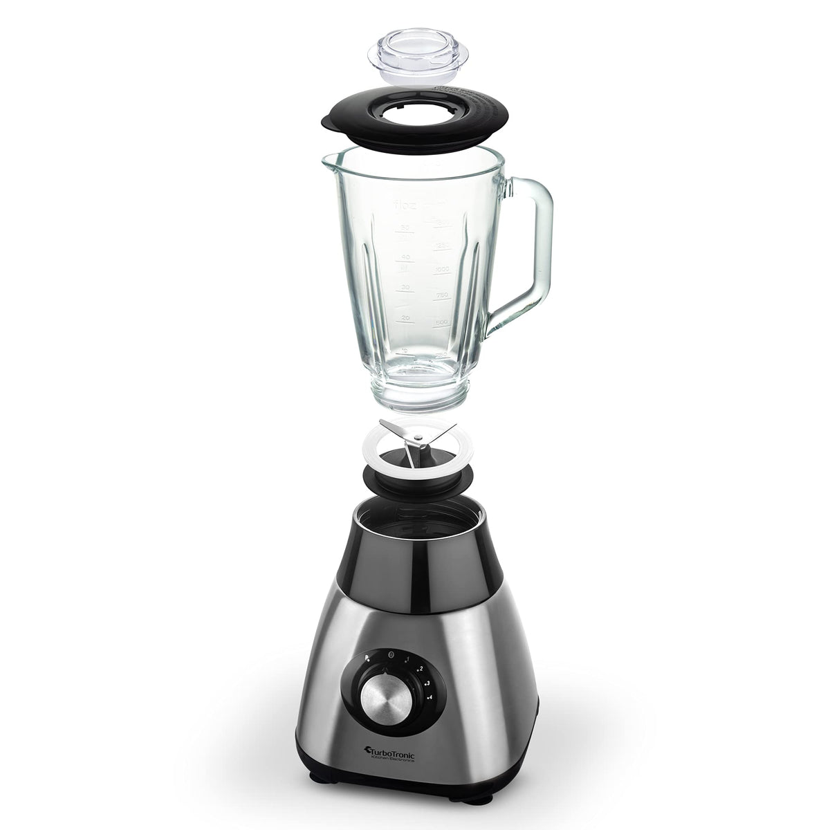 TurboTronic Standmixer mit 1,5L Glasbehälter 1200W Edelstahl silber, Smoothie Maker, Ice Crush Funktion, Blender