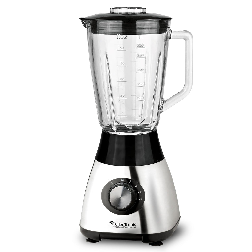 TurboTronic Standmixer mit 1,5L Glasbehälter 1200W Edelstahl silber, Smoothie Maker, Ice Crush Funktion, Blender