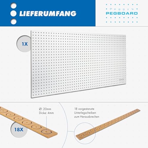 Pegboard 1 St. Werkzeugwand aus Holz (MDF) 120 x 60 x 0,5 cm - Lochung Ø7 mm Lochabstand 25,4 mm - weiß lackiert - Made in Germany
