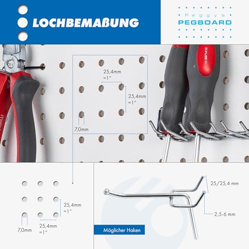 Pegboard 1 St. Werkzeugwand aus Holz (MDF) 120 x 60 x 0,5 cm - Lochung Ø7 mm Lochabstand 25,4 mm - weiß lackiert - Made in Germany