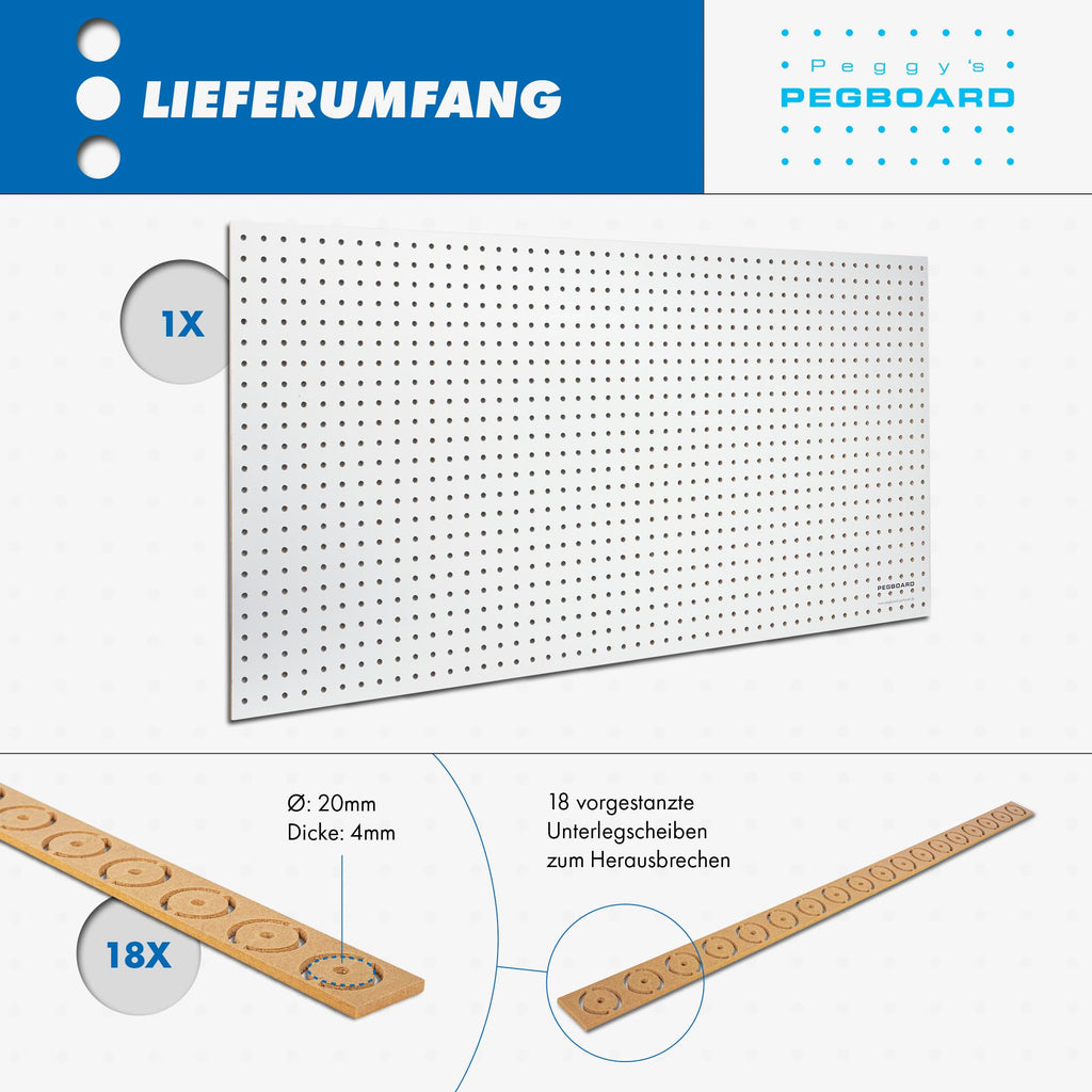 Pegboard 1 St. Werkzeugwand aus Holz (MDF) 120 x 60 x 0,5 cm - Lochung Ø7 mm Lochabstand 25,4 mm - weiß lackiert - Made in Germany
