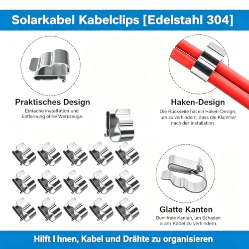 50 Stück Solarmodul Kabelclips, Solar PV Edelstahl Kabelklemmen, Anhänger Drahtclips Anhängerrahmen Drahtklemmen Solarmodul Fixierung, für Laptop Ethernet Kabel Büro(2 * 2) (A 2)