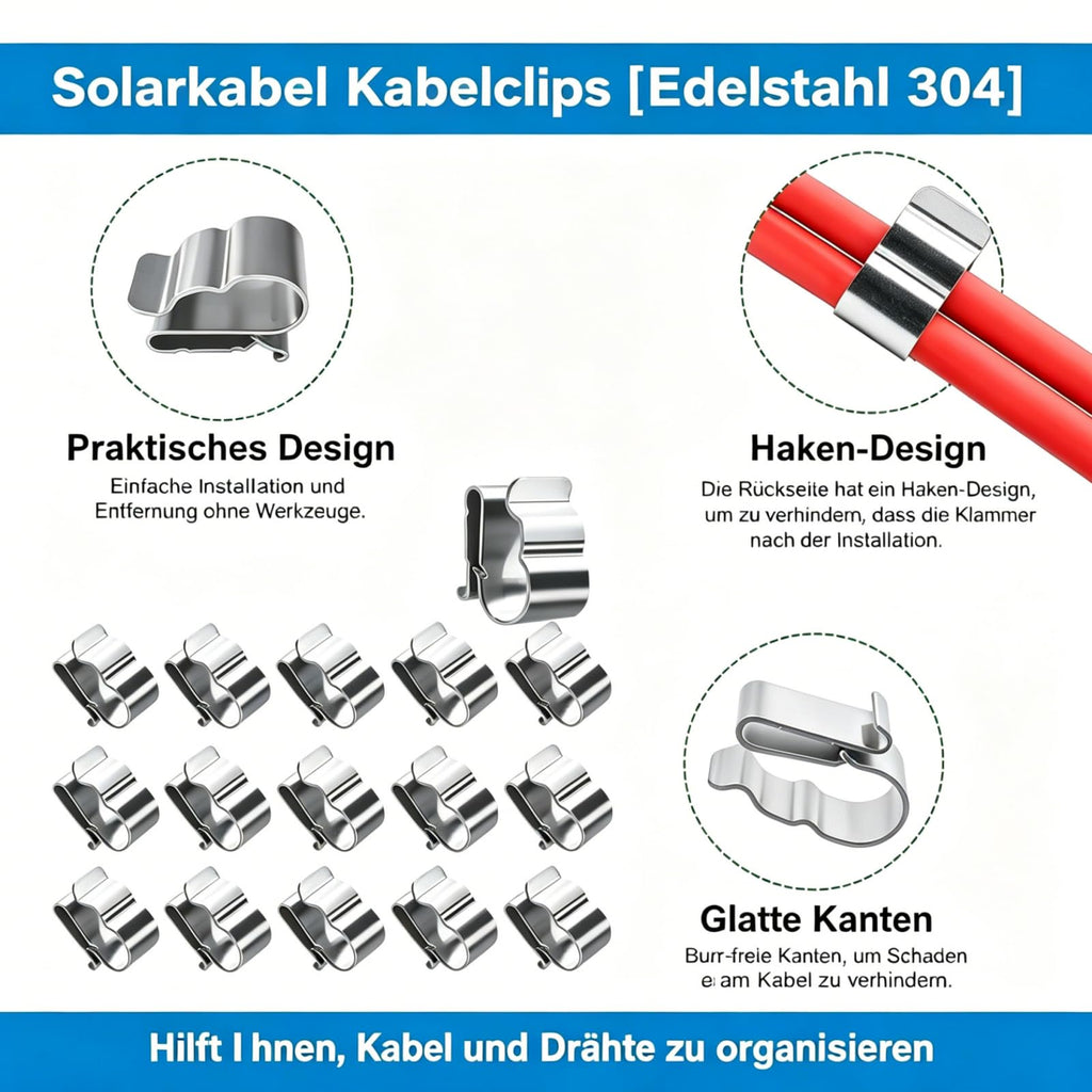 50 Stück Solarmodul Kabelclips, Solar PV Edelstahl Kabelklemmen, Anhänger Drahtclips Anhängerrahmen Drahtklemmen Solarmodul Fixierung, für Laptop Ethernet Kabel Büro(2 * 2) (A 2)