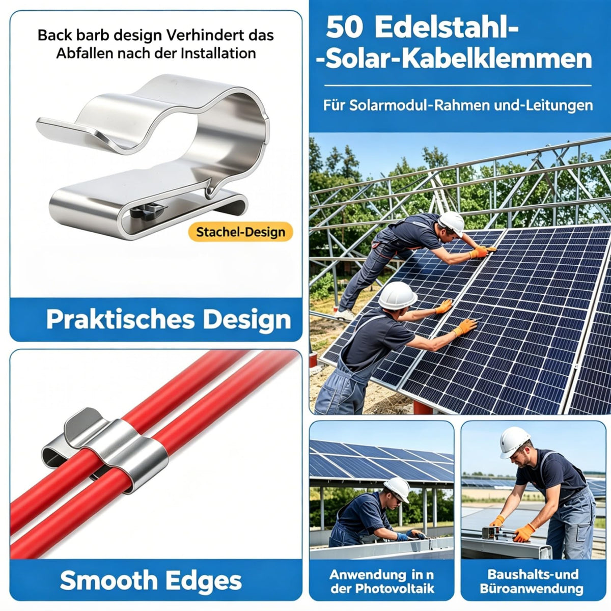 50 Stück Solarmodul Kabelclips, Solar PV Edelstahl Kabelklemmen, Anhänger Drahtclips Anhängerrahmen Drahtklemmen Solarmodul Fixierung, für Laptop Ethernet Kabel Büro(2 * 2) (A 2)
