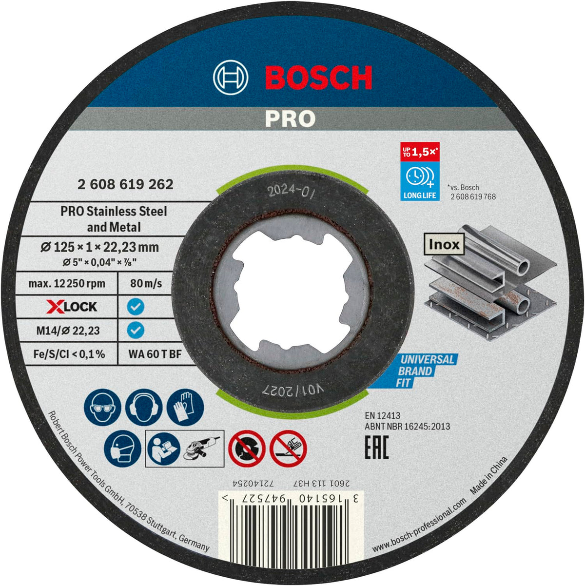 Bosch PRO and Metal X-Lock Cutting Disc, 125 x 1 x 22.23 mm, gerade, 10pcs