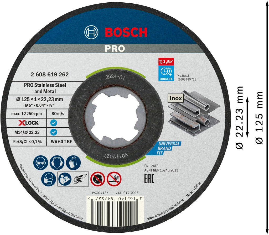 Bosch PRO and Metal X-Lock Cutting Disc, 125 x 1 x 22.23 mm, gerade, 10pcs