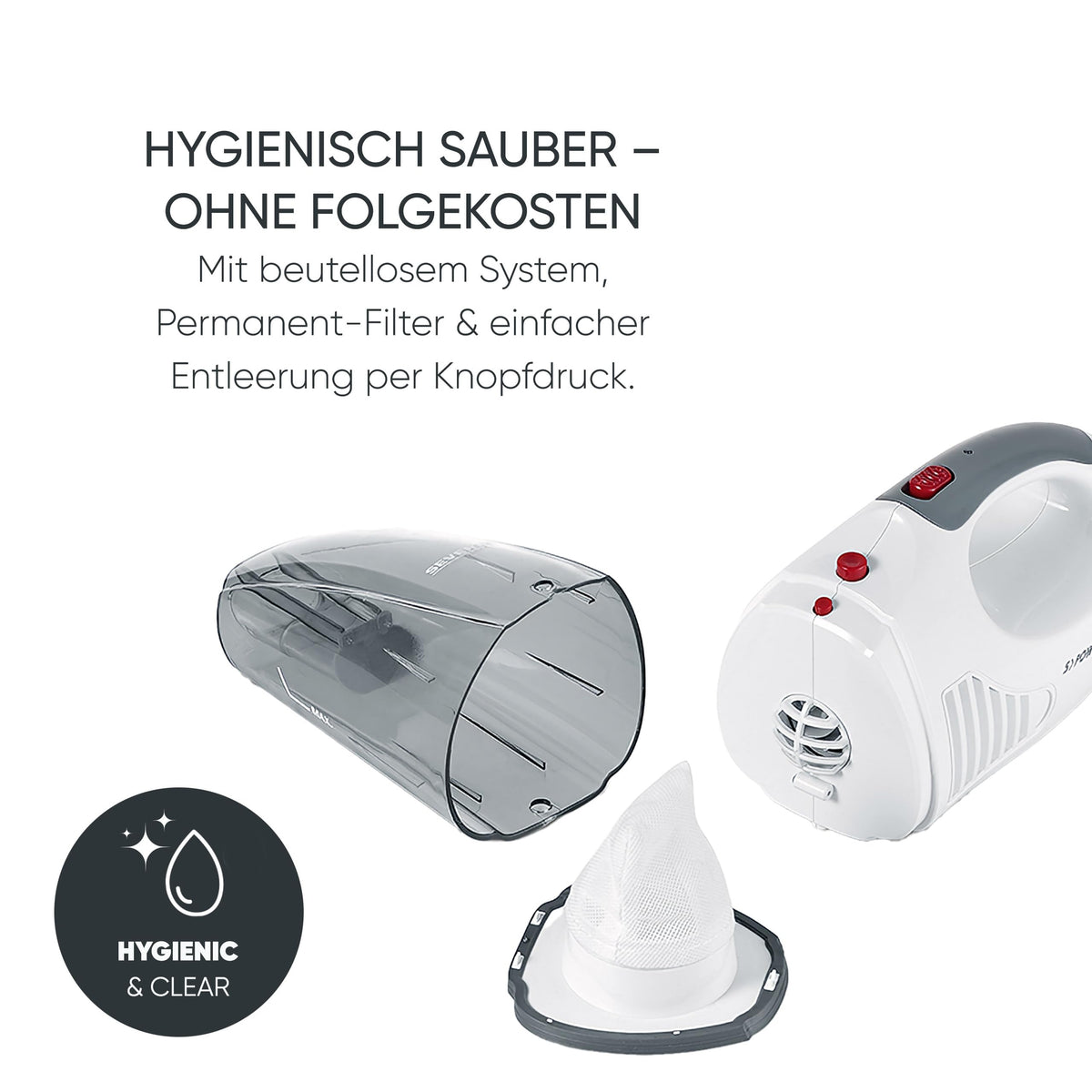 SEVERIN 3-in-1 Akku Handstaubsauger S'POWER home & car, kabelloser Nass- & Trockensauger mit 7,4V Li-Ionen Akku, Autostaubsauger inkl. 12V-Ladekabel, weiß/rot, HV 7144